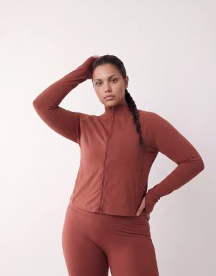 4505 Curve Icon Soft Touch Zip Up Studio Long Sleeve Top In Brown