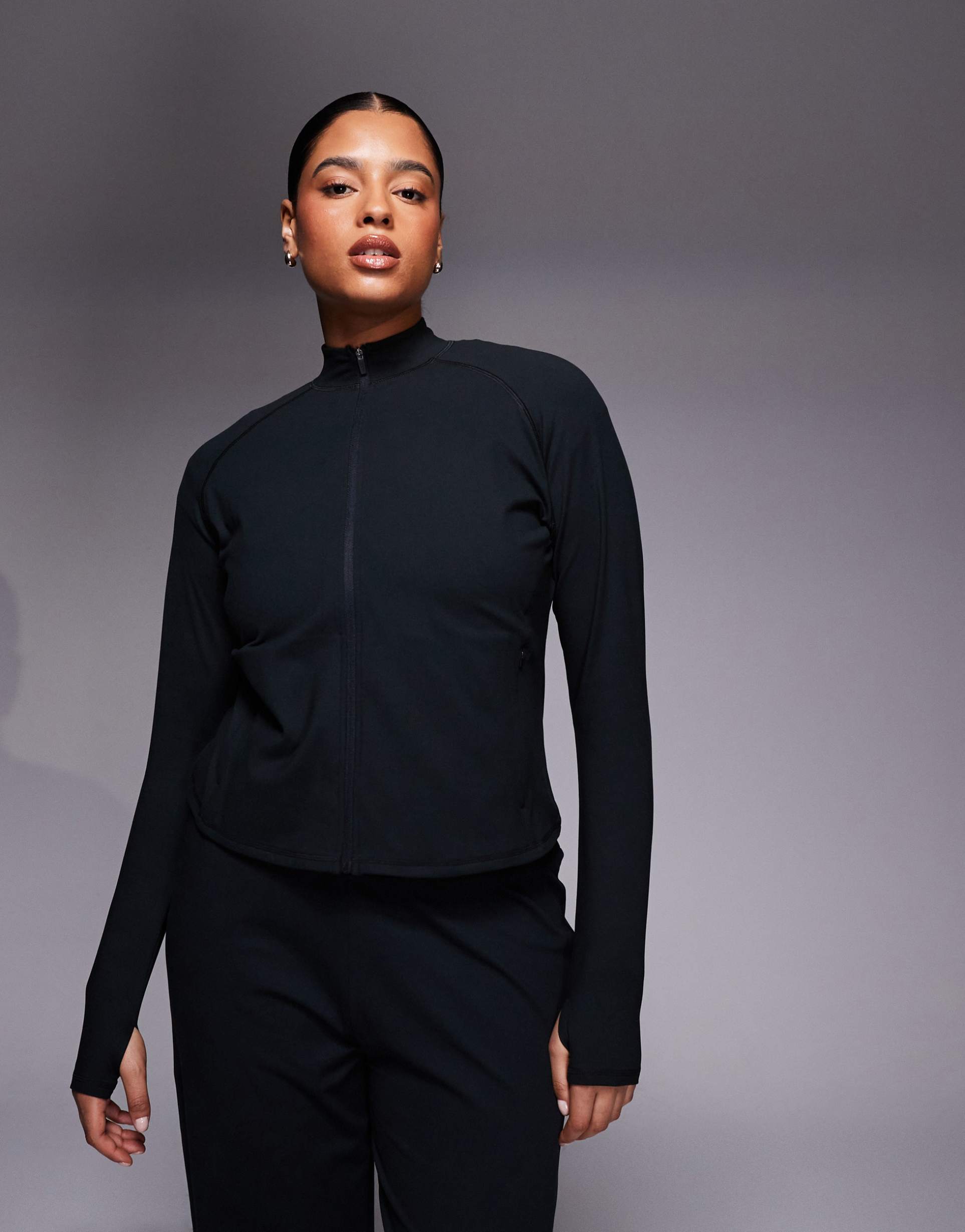 4505 curve icon soft touch zip up studio long sleeve top in black