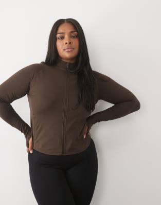 4505 Curve Icon Soft Touch Zip Up Studio Long Sleeve Top In Brown