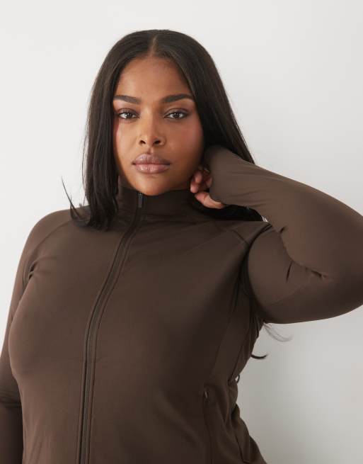 4505 Curve Icon soft touch zip up studio long sleeve top in chocolate, 4 of 4