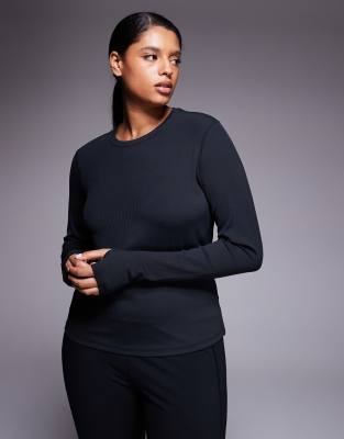 4505 Curve plush handle rib long sleeve warmup top in black