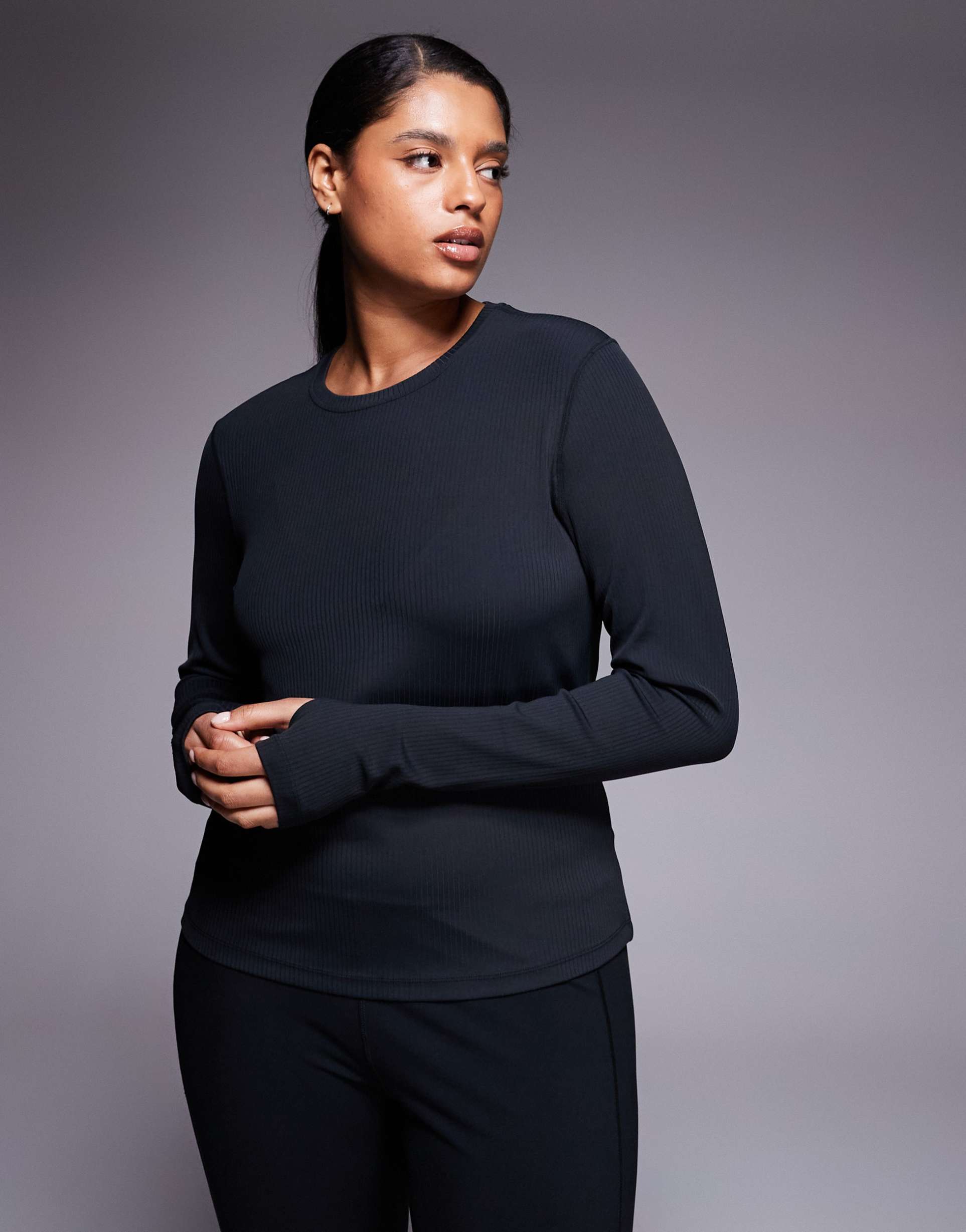 4505 curve plush handle rib long sleeve warmup top in black