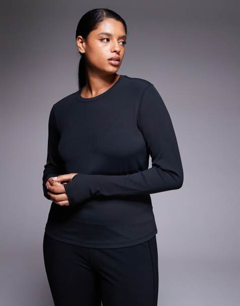 4505 Curve plush handle rib long sleeve warmup top in black