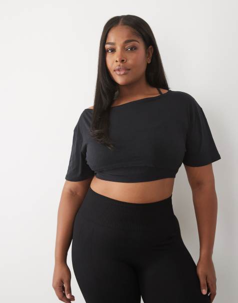 4505 Curve quick dry cotton slub texture off the shoulder crop t-shirt in black - view 1