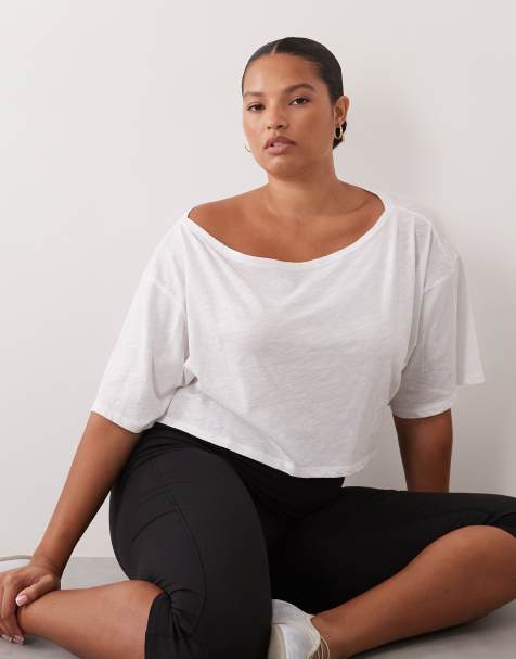 4505 Curve quick dry cotton slub texture off the shoulder crop t-shirt in off white - view 1