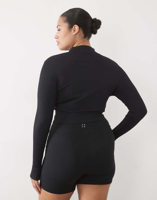 4505 Curve seamless baby rib cropped zip up long sleeve top in black, 2 of 4