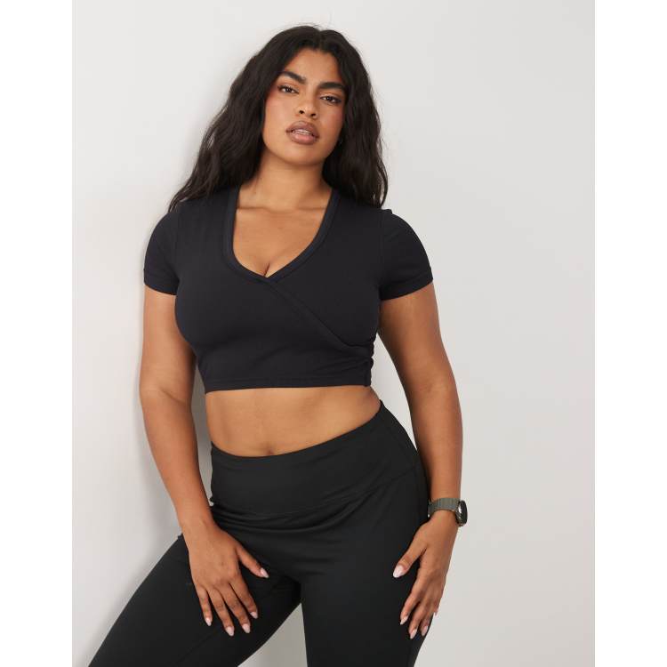 4505 Curve seamless baby rib wrap front short sleeve top in black
