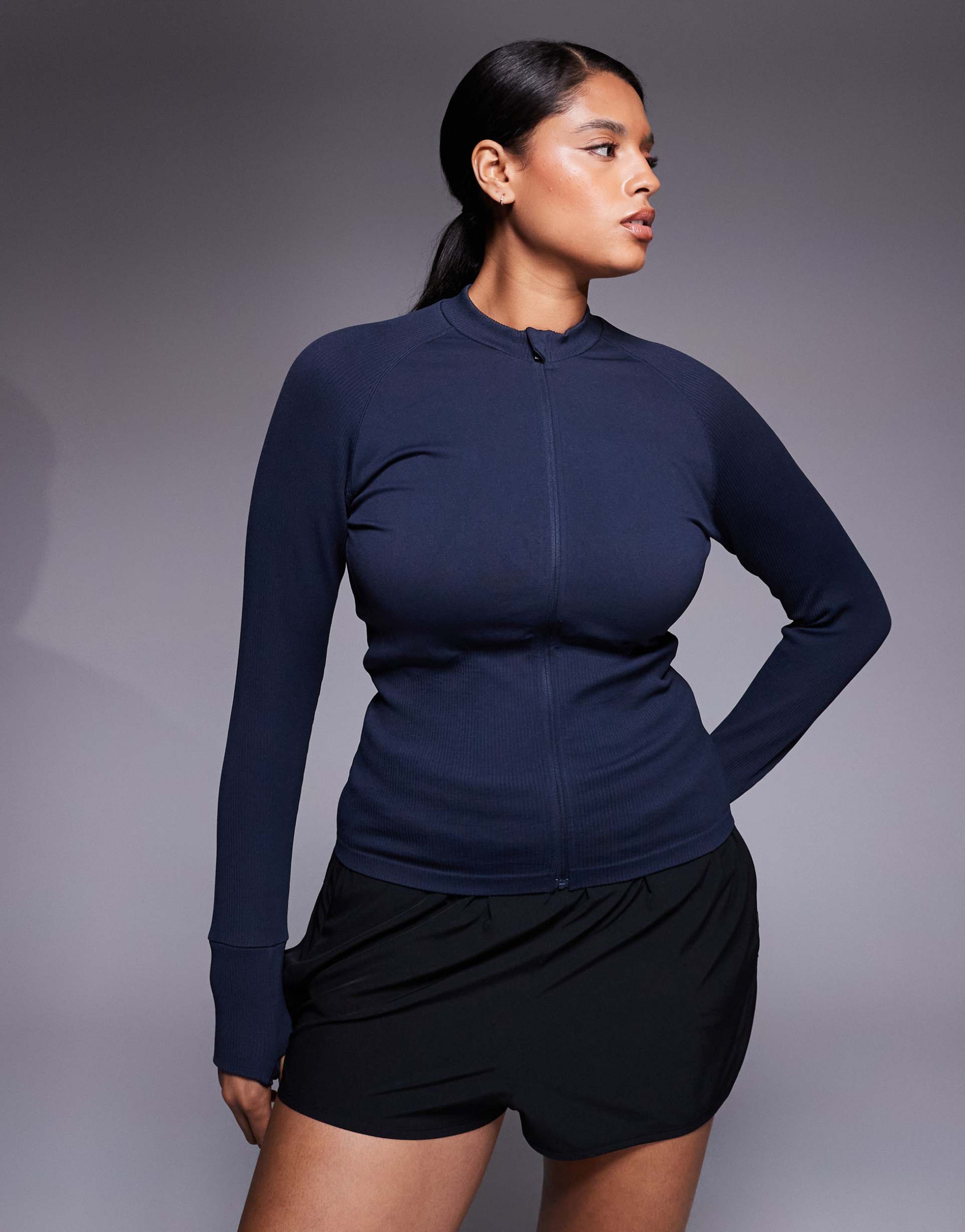 4505 curve seamless sculpting zip up long sleeve top in indigo