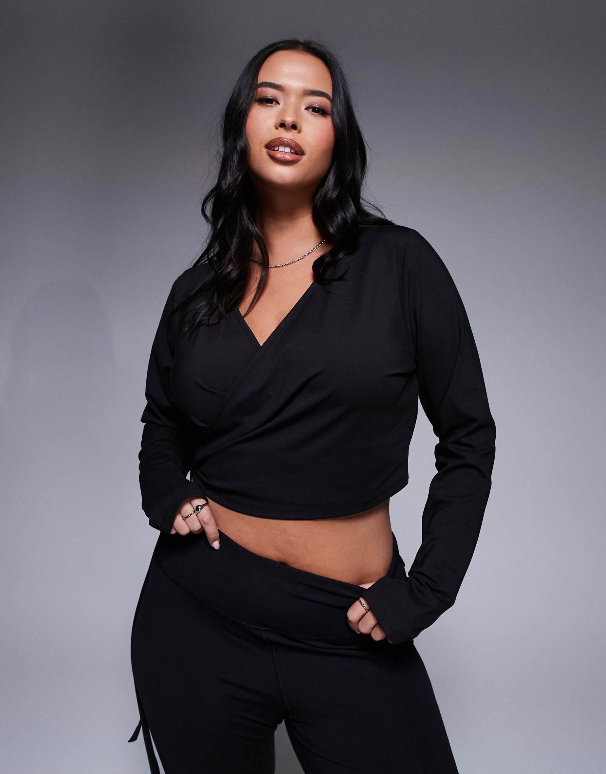 4505 curve soft touch ballet wrap long sleeve top in black
