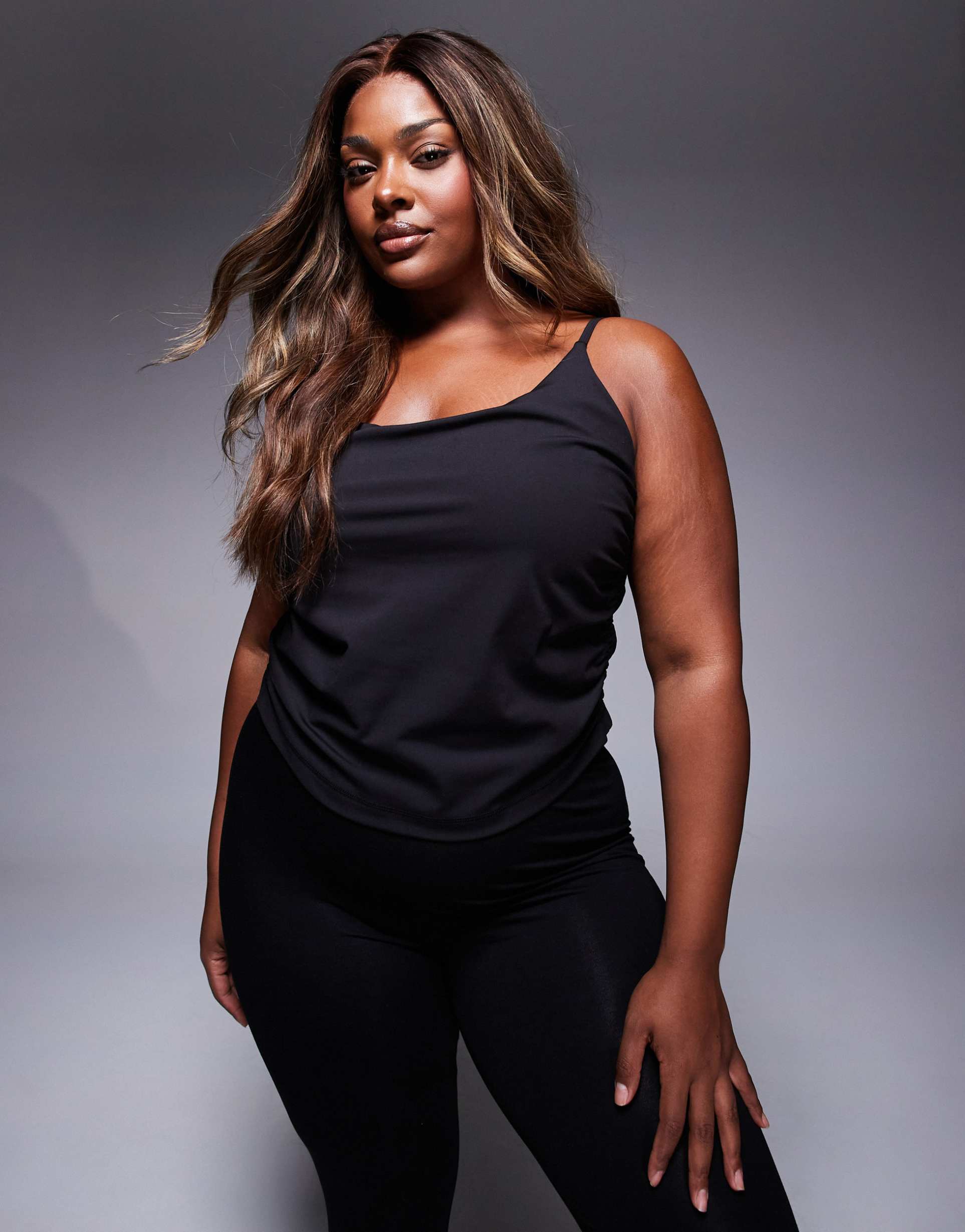 4505 curve soft touch cami top with ruched sides and shelf bra in black