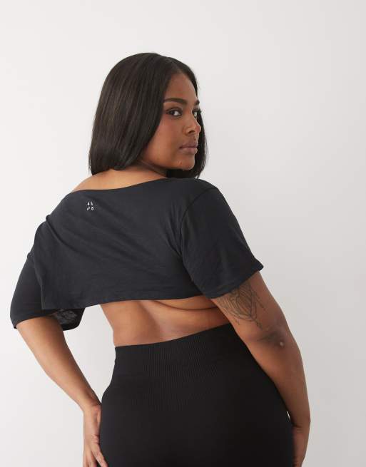 4505 Curve t-shirt crop en coton slub à séchage rapide, épaules dénudées, noir, 3 de 4