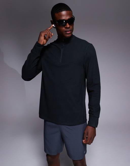 4505 – Czarny termiczny top do biegania z tkaniny interlock z długimi rękawami i zapięciem na suwak pod szyją