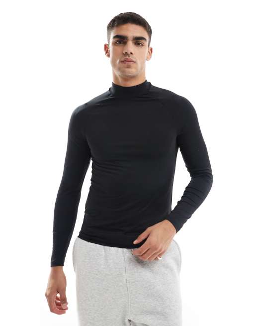 4505 – Czarny termoaktywny T-shirt treningowy o kroju podkreślającym sylwetkę z długim rękawem i półgolfem 