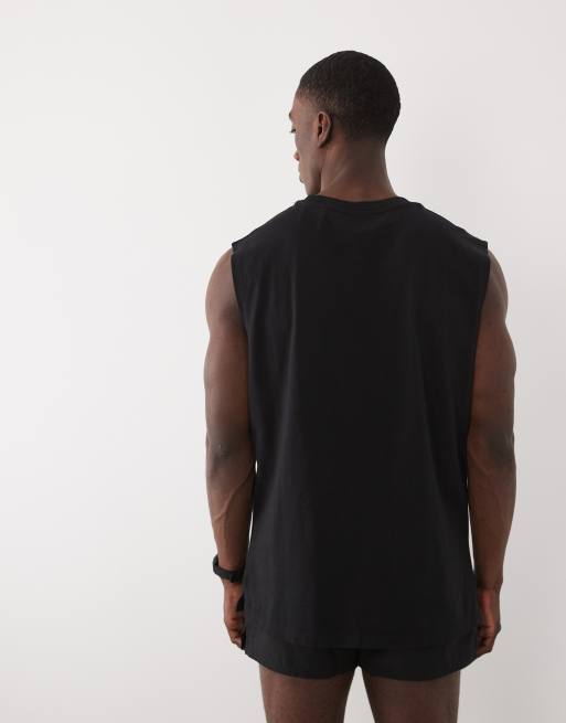4505 - Débardeur de sport oversize en coton à séchage rapide avec imprimé sur la poitrine - Noir délavé, 3 de 5