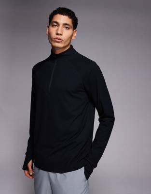 4505 Engineered Performance Waffle Quarter Zip Long Sleeve Running Top In Black