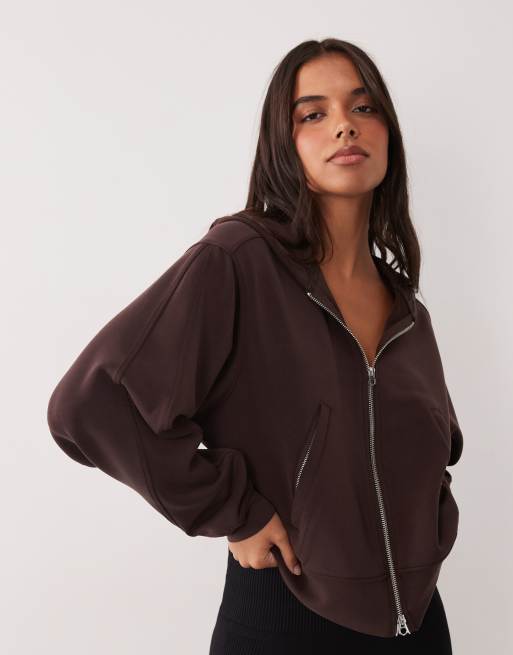 4505 felpa con cappuccio oversize con zip in misto modal ultrasoffice color cioccolato, 1 di 4