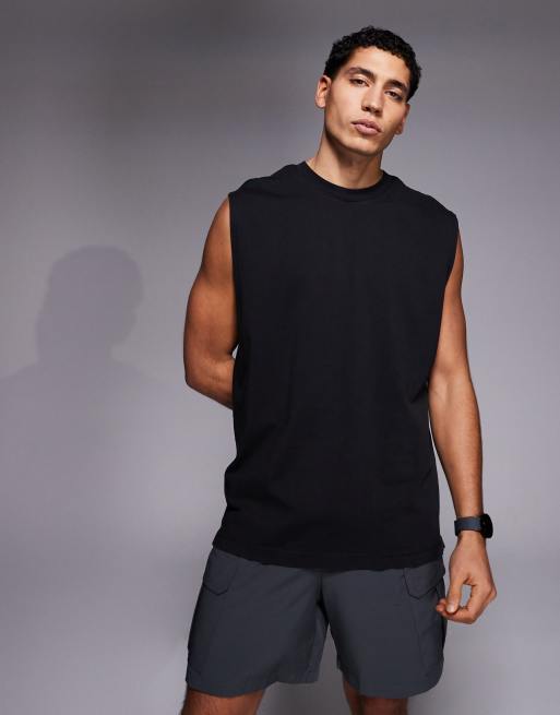 4505 - Forvasket sort oversized trænings-tanktop i kraftig bomuld med hurtigttørrende finish og rygprint, 3 af 5