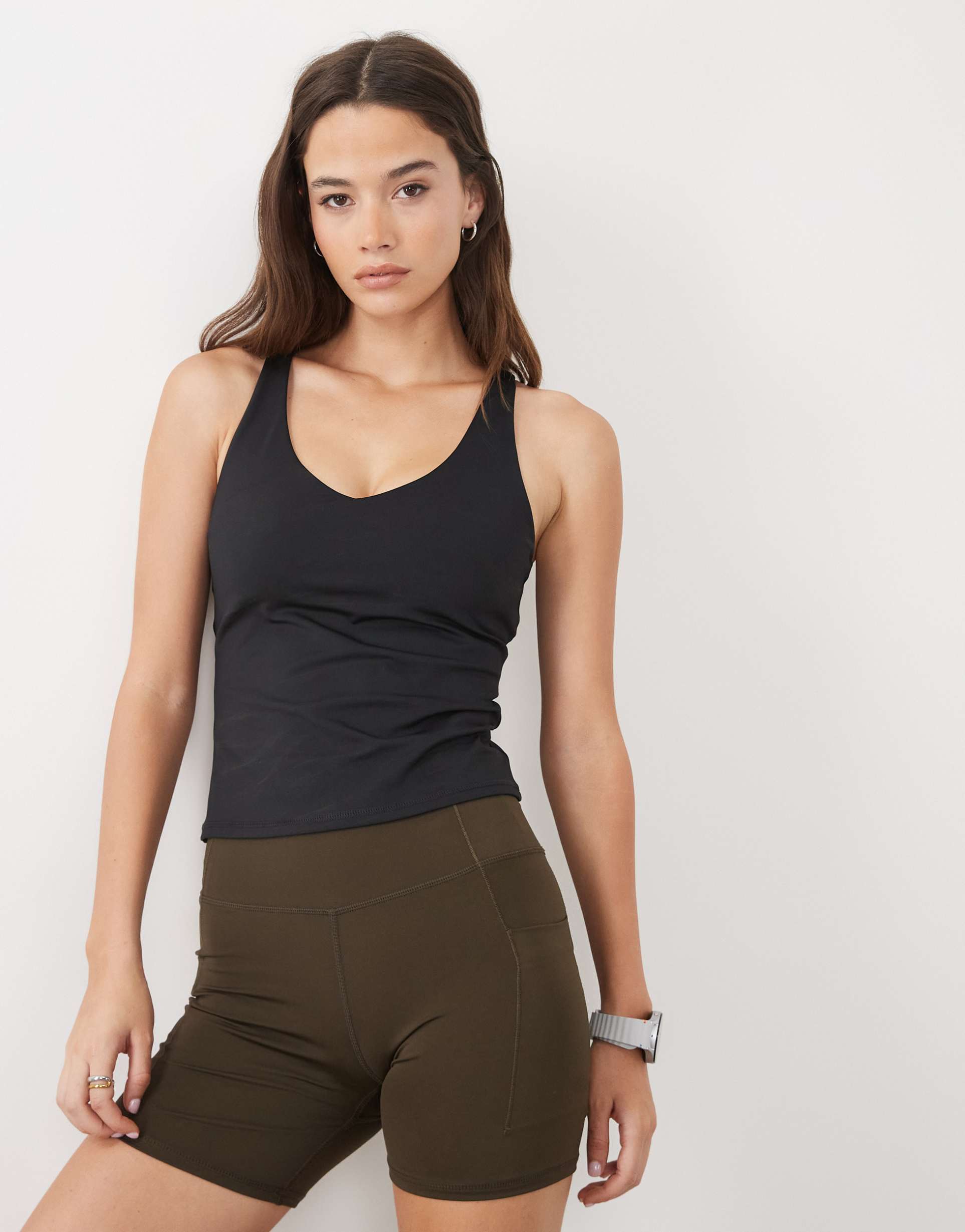 4505 fuller bust active v-neck racer back tank top with inner bra in black