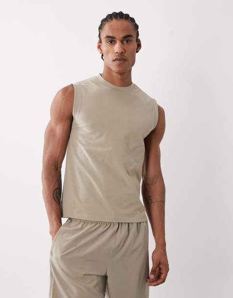 4505 - Gekrompen muscle fit katoenen tanktop met sneldrogende afwerking in grijs-beige - view 1