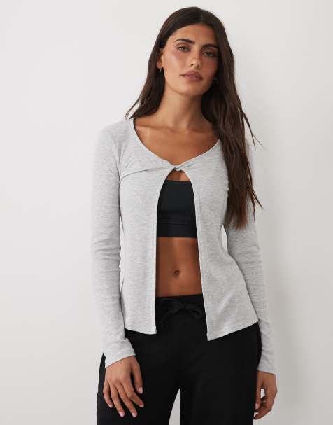 4505 geripptes Langarm-Top mit Twist-Front für Lagenlooks in Grau-Meliert - view 1