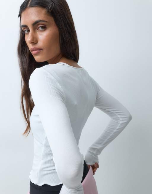 4505 geripptes Longsleeve-Layering-Top aus Modal mit Wellenkante in Weiß, 5 von 5
