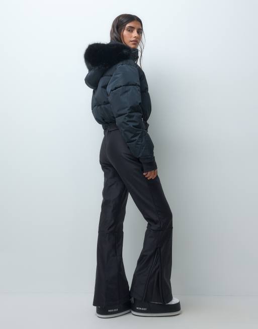 4505 gewatteerd softshell skipak met gecentreerde taille en capuchon in zwart met glans, 3 van 5