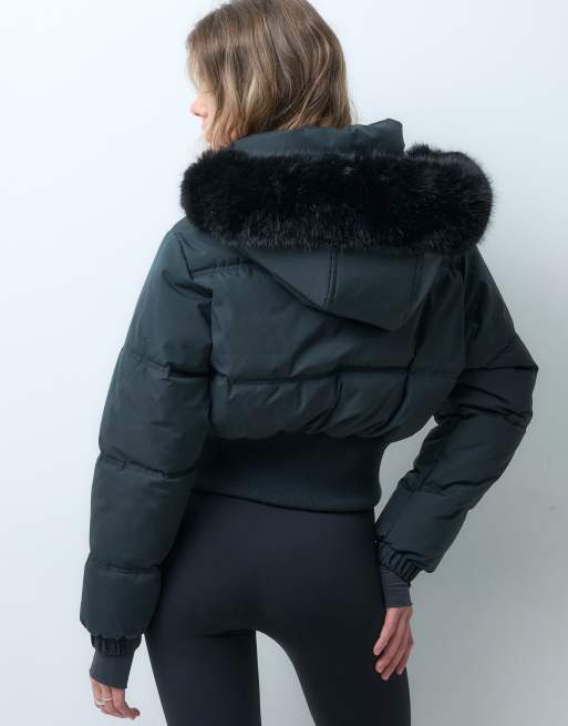 4505 giacca bomber da sci corta imbottita con cappuccio in pelliccia sintetica nera, 4 di 4