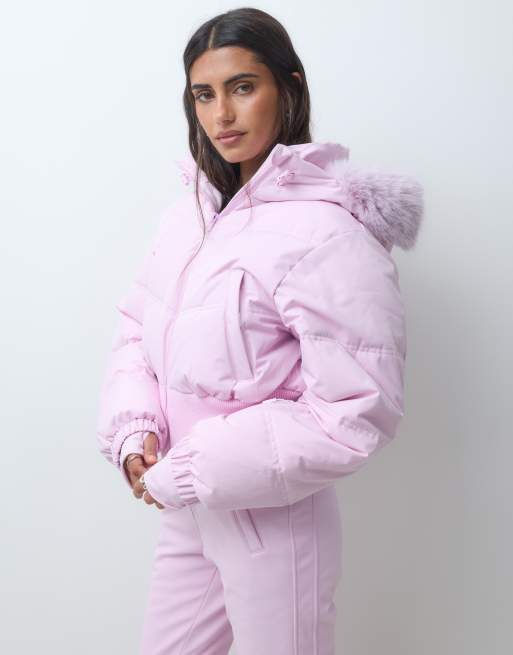 4505 Giacca bomber da sci cropped imbottita con cappuccio in pelliccia sintetica, bubblegum, 5 di 5