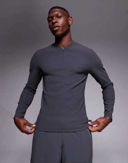 4505 – Grafitowy prążkowany top do biegania o dopasowanym kroju z długimi rękawami i zapięciem na zamek