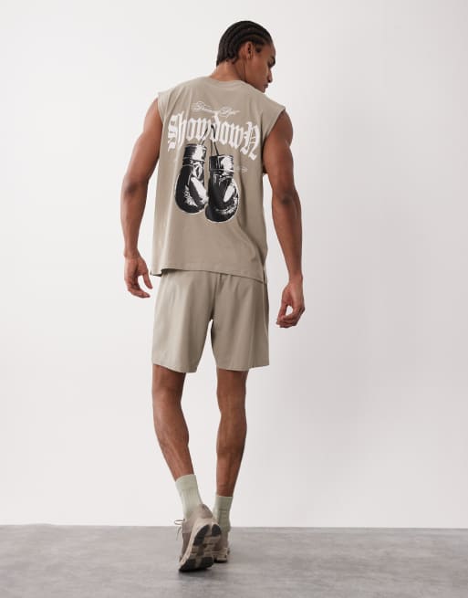 4505 - Greige oversized tanktop til vægttræning i bomuld med hurtigttørrende finish og boksegrafik, 2 af 5