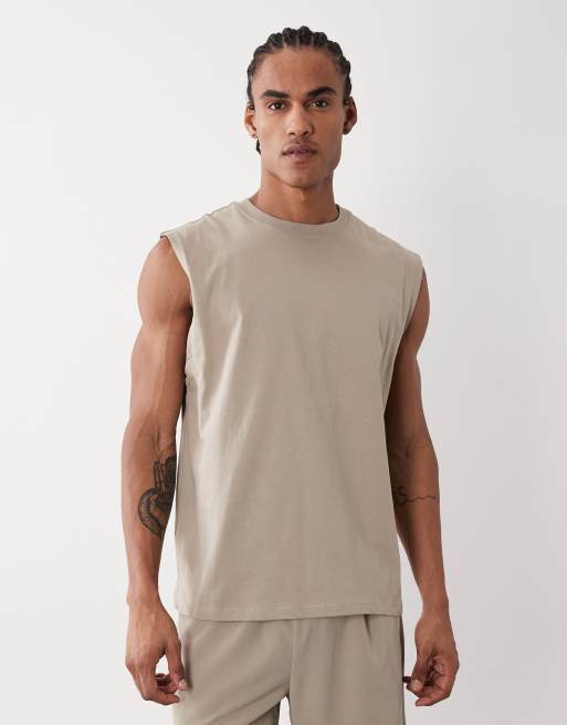 4505 - Greige oversized tanktop til vægttræning i bomuld med hurtigttørrende finish og boksegrafik, 5 af 5