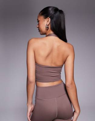 4505 Halter Neck Performance Tank Top With Inner Bra In Brown
