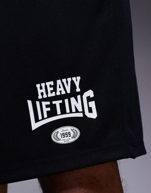 4505 - Heavy Lifting - Pantaloncini da allenamento neri in tessuto a rete con grafica, 2 di 5