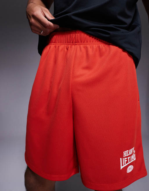4505 - Heavy Lifting - Pantaloncini da allenamento rossi in tessuto a rete con grafica, 3 di 5