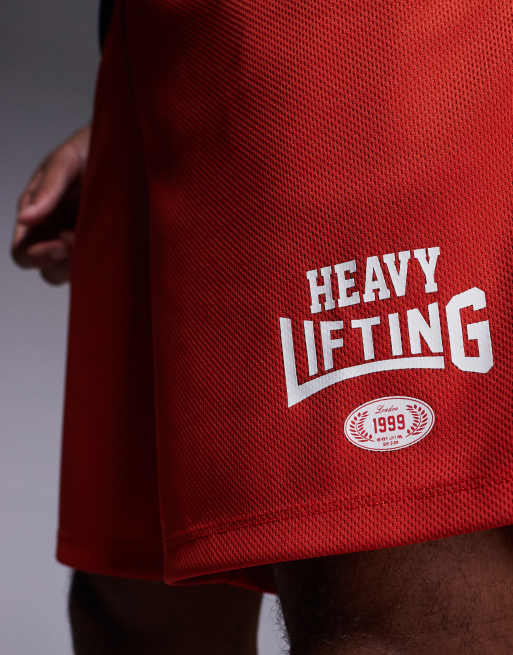 4505 - Heavy Lifting - Pantaloncini da allenamento rossi in tessuto a rete con grafica, 5 di 5