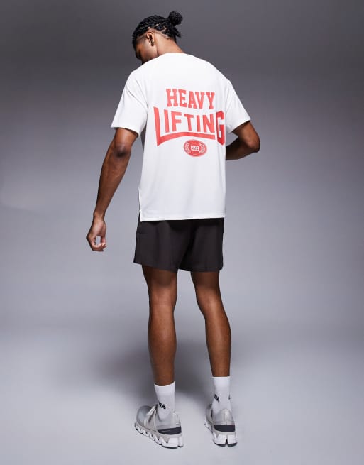 4505 – Heavy Lifting – Vintagevit, snabbtorkande tränings-t-shirt med tryck baktill