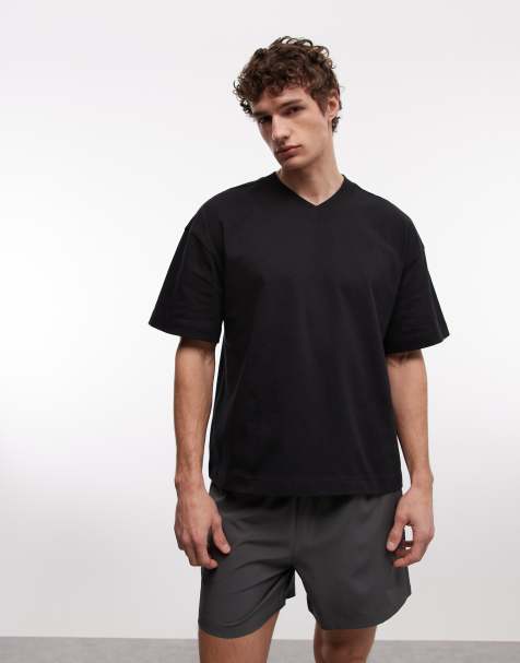 4505 heavyweight cotton boxy oversized drop shoulder V neck t-shirt with quick dry finish in black - view 1