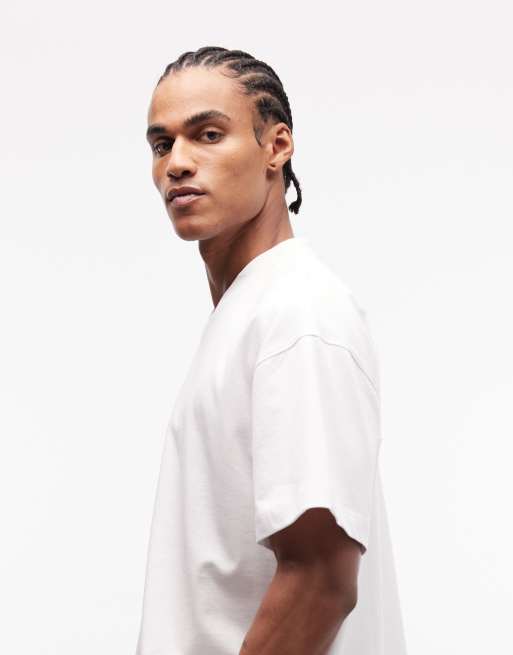 4505 heavyweight cotton boxy oversized drop shoulder V neck T-shirt with quick dry finish in white, 4 of 5