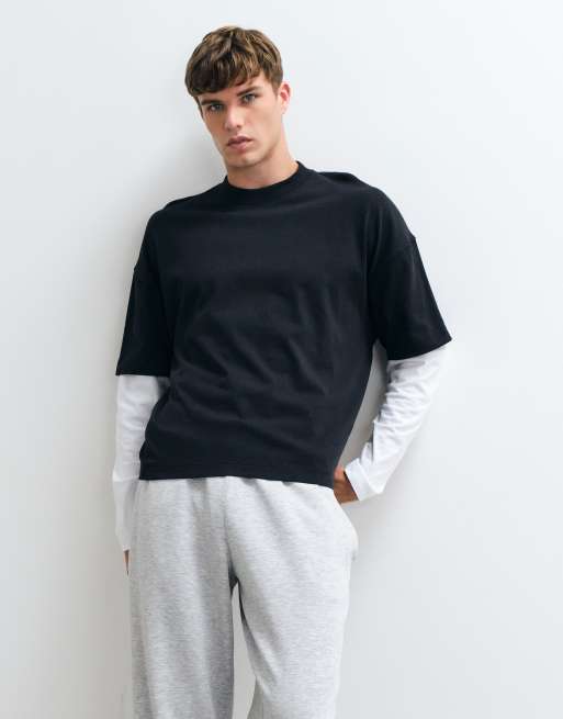4505 heavyweight cotton double layer sleeve oversized t-shirt in black and white, 2 of 5