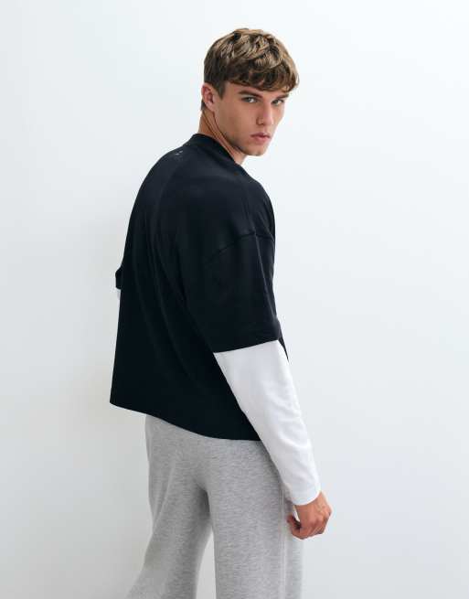 4505 heavyweight cotton double layer sleeve oversized t-shirt in black and white, 4 of 5