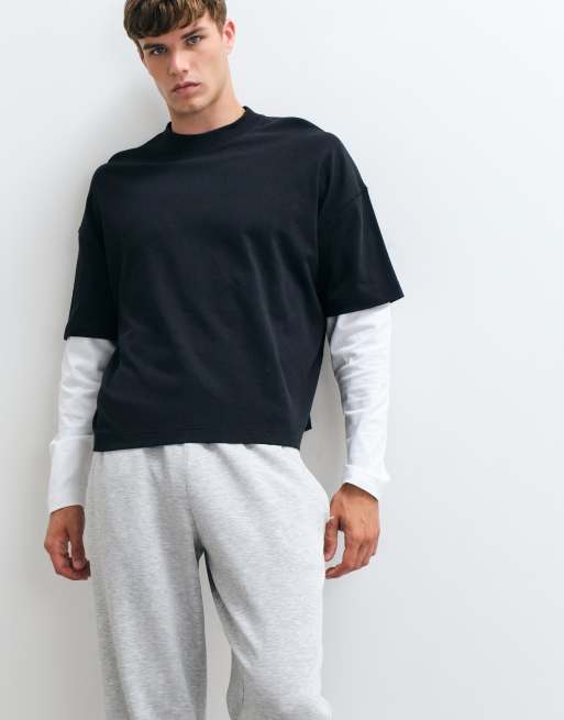 4505 heavyweight cotton double layer sleeve oversized t-shirt in black and white, 5 of 5