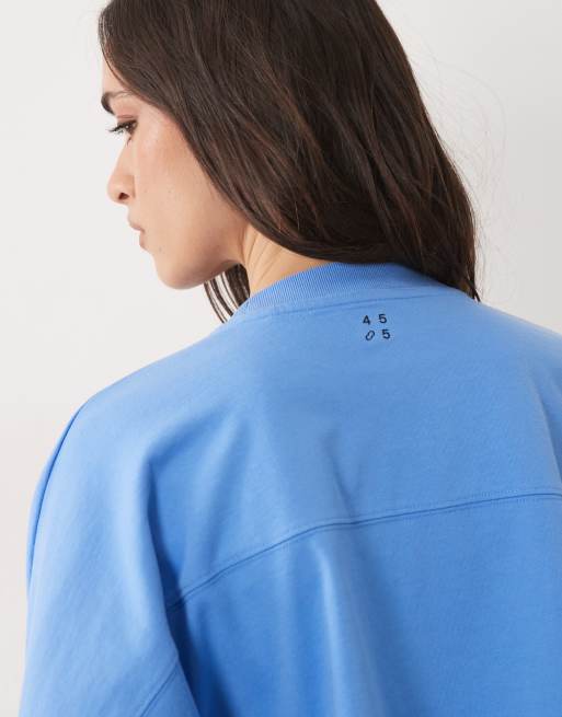 4505 heavyweight cotton drop shoulder cropped long sleeve t-shirt in azure blue, 3 of 4