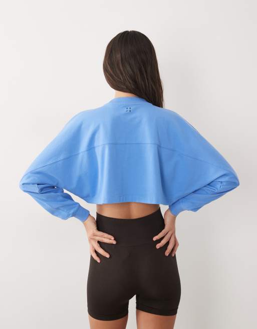 4505 heavyweight cotton drop shoulder cropped long sleeve t-shirt in azure blue, 4 of 4