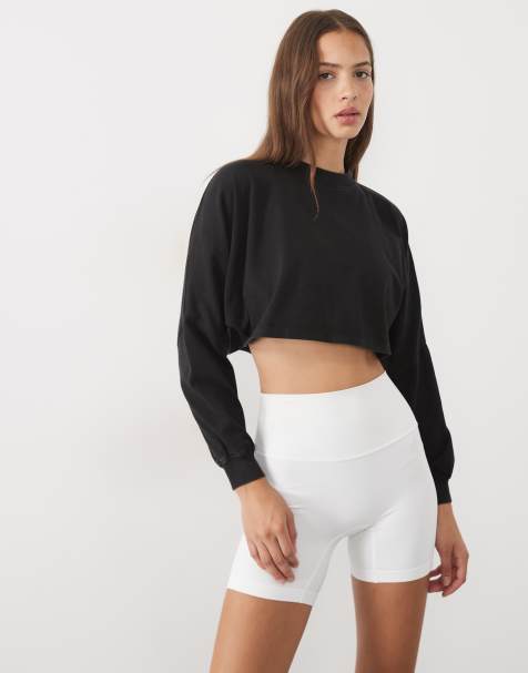 4505 heavyweight cotton drop shoulder cropped long sleeve t-shirt in black - view 1