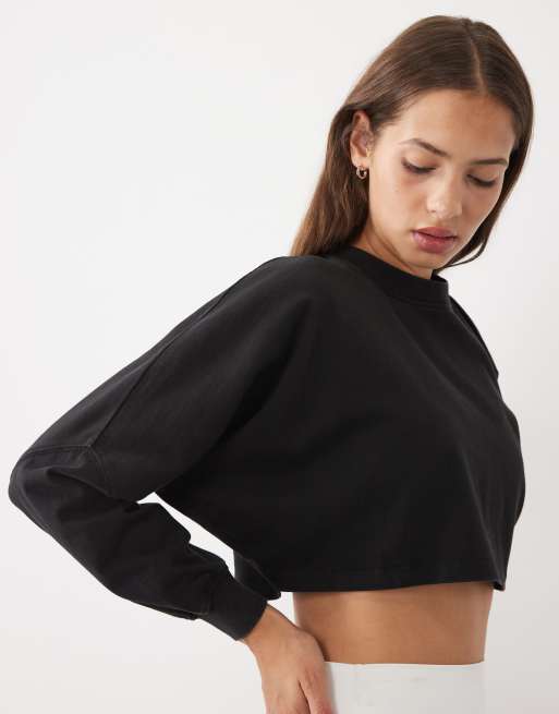 4505 heavyweight cotton drop shoulder cropped long sleeve t-shirt in black, 2 of 4