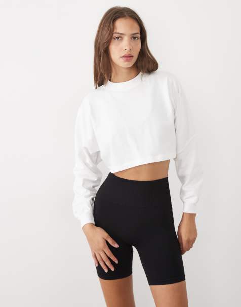 4505 heavyweight cotton drop shoulder cropped long sleeve t-shirt in white - view 1