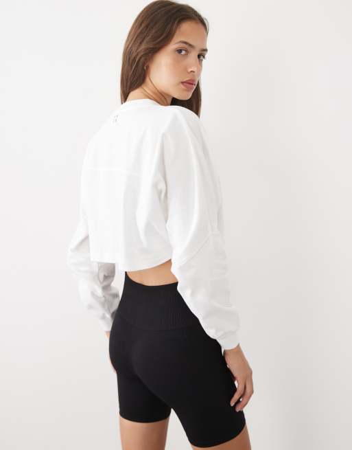 4505 heavyweight cotton drop shoulder cropped long sleeve t-shirt in white, 4 of 4