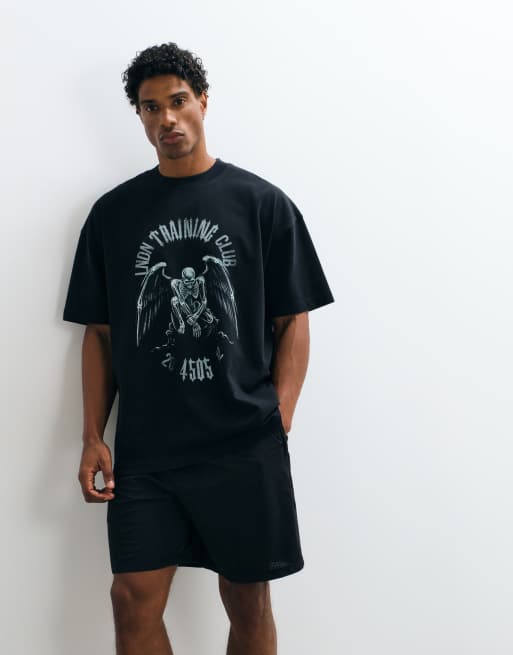 4505 heavyweight cotton oversized T-shirt with chest print in washed black, 2 of 5
