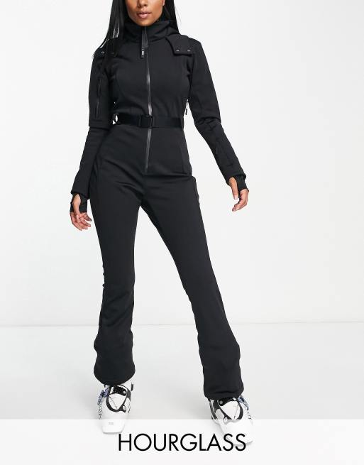 4505 Hourglass ski belted ski suit with slim kick leg and faux fur hood in black 