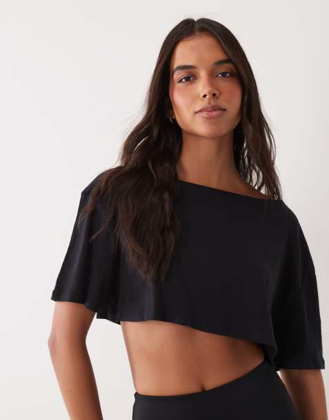4505 hurtigttørrende T-shirt i bomulds-slub med offshoulder og cropped pasform i sort - view 1